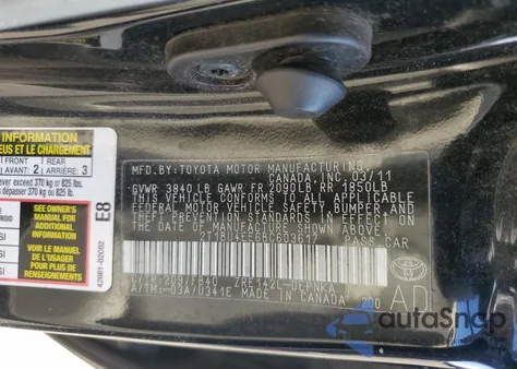 2011 Toyota Corolla Base из США, поврежденный, VIN 2T1BU4EE6BC603617